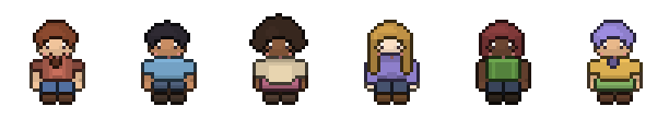 Six characters with different skin tones, hairstyles and outfits