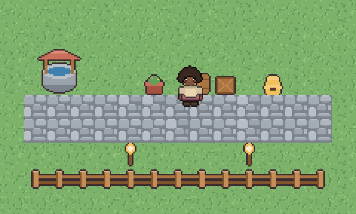 An island with a well, planters, barrels, a beehive, torches and a fence along a stone path
