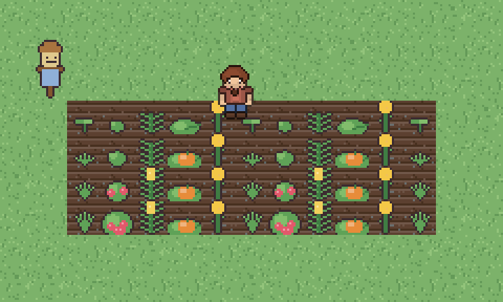 A farmer standing beside rows of crops at different stages of growth