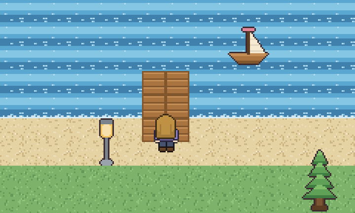 A character fishing from a wooden jetty, with a sailboat out on the water