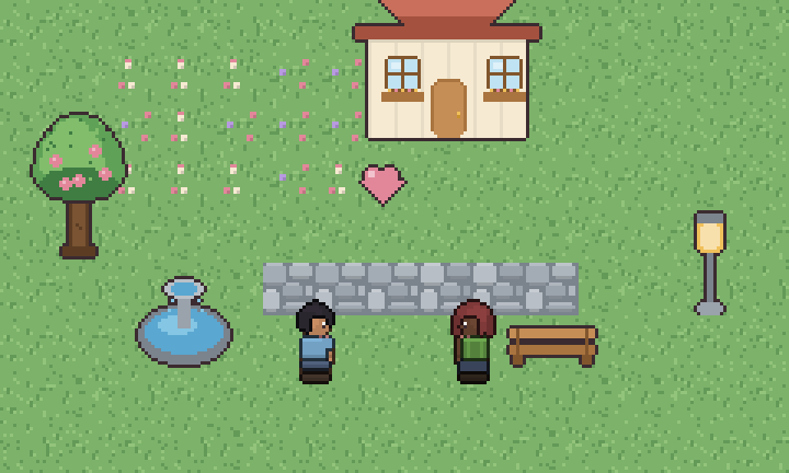 Two characters meeting by a fountain outside a cottage, with a heart between them