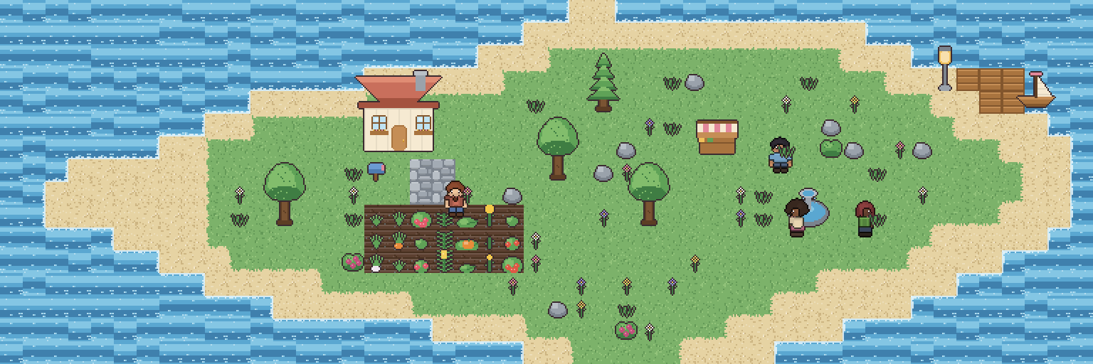 A pixel-art island seen from above: a cottage, a farm plot in rows, a market stall, a fountain, woodland and a jetty with a sailboat.